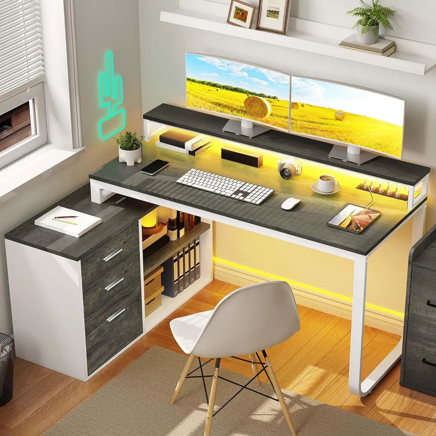 L Shaped Desk with Drawers, 55" Corner Computer Desk with Power Outlets, L-Shaped Desk with LED Lights & File Cabinet for Home O