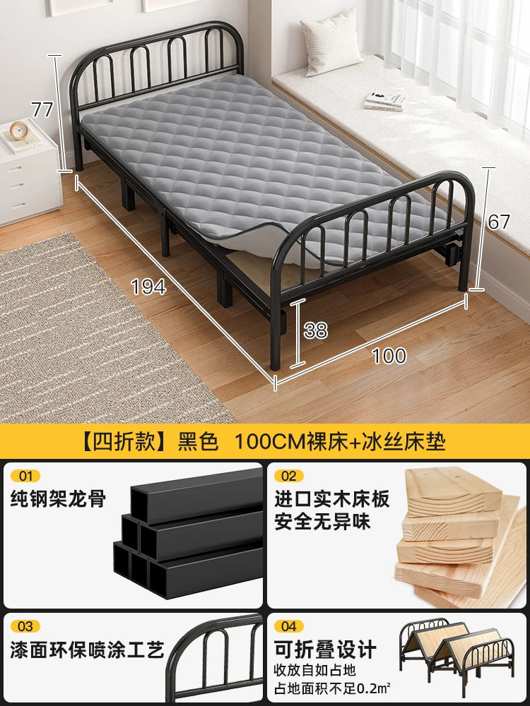 Solid wood folding bed Household simple single bed Extra bed 1 meter 2 Adult rental room Reinforced hard board double iron