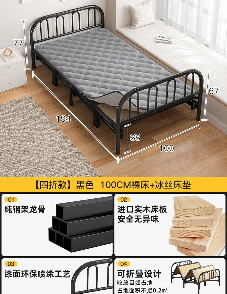 Solid wood folding bed Household simple single bed Extra bed 1 meter 2 Adult rental room Reinforced hard board double iron