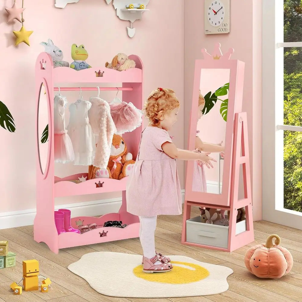 Kids Crown-Themed 45.5" Wooden Jewelry Armoire with Full-Length Mirror & Storage Box