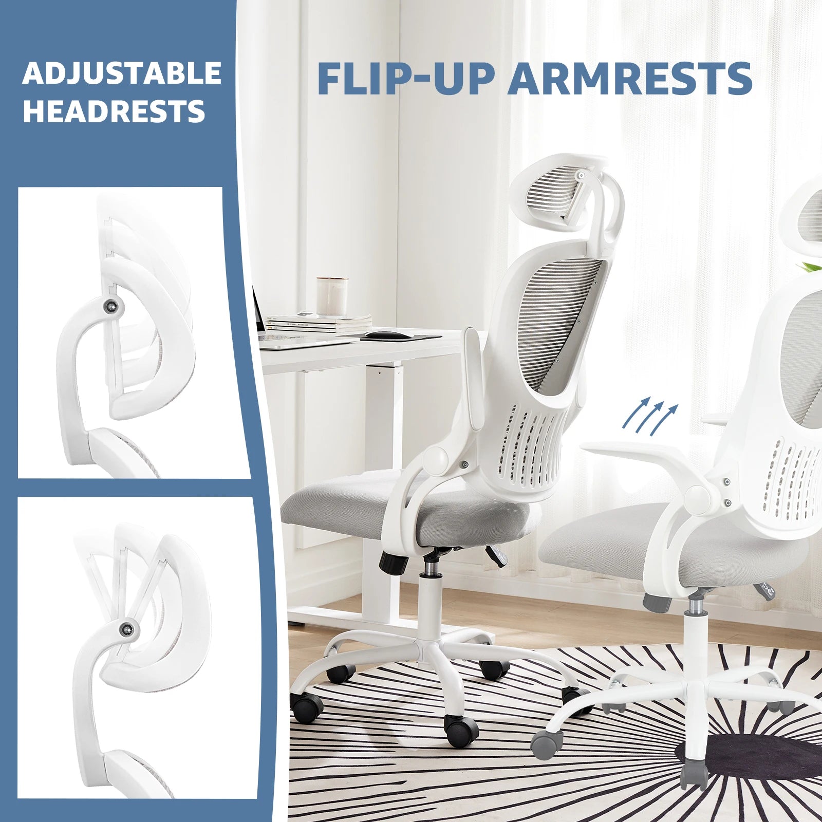 Ergonomic Adjustable Headrests, Lumbar Support Office Chair with Flip-up Arms