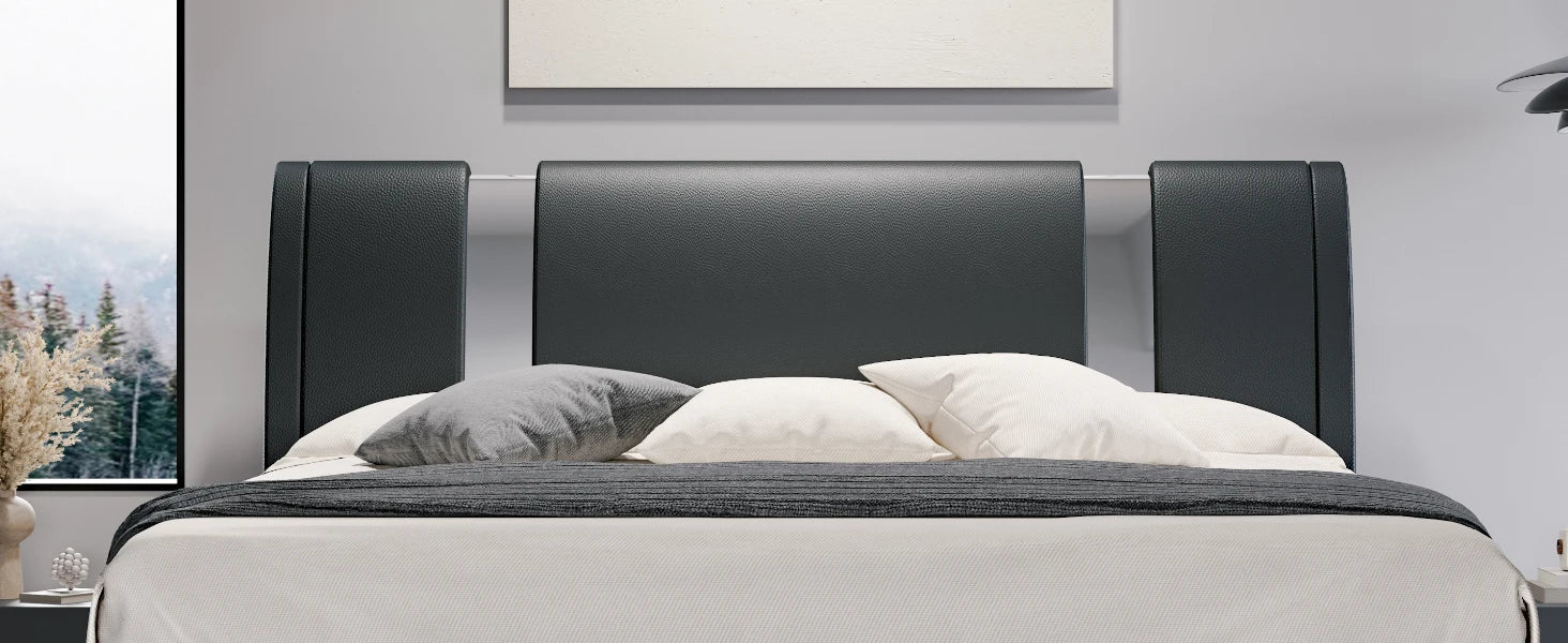Modern Faux Leather Low Profile Platform Bed with Height-Adjustable Headboard