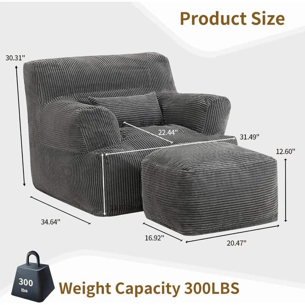 Bean Bag Sofas, Comfy Gaint Beans Bags Chair with Ottoman, Huge Beans Bags Armchair for Adults and Teens, Beans Bags Sofas
