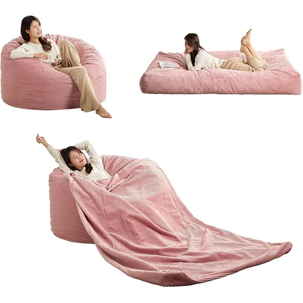 Striped Style Giant Bean Bag Chair Bed for Adults, Convertible Adult Beanbag from Lazy Chair to Floor Mattress, Large Round Bea