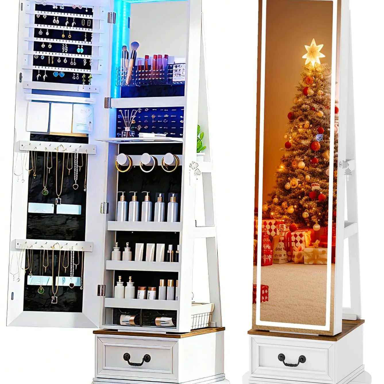 Standing LED Jewelry Armoire with Full-Length Mirror & 360° Swivel Storage Cabinet
