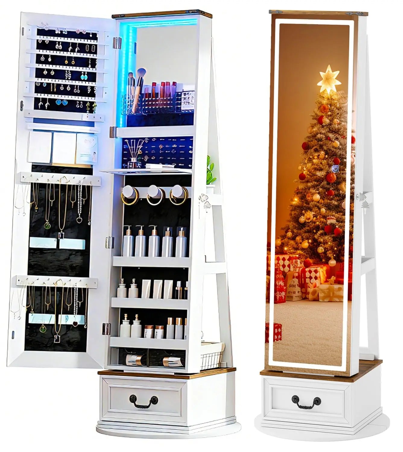 Standing LED Jewelry Armoire with Full-Length Mirror & 360° Swivel Storage Cabinet