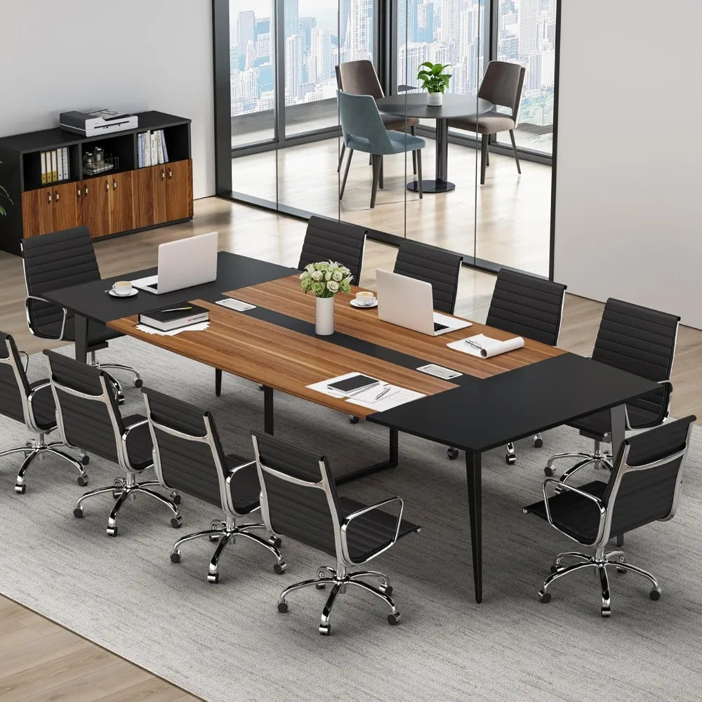 8FT Conference Table, 94.48L x 47.24W x 29.52H Inches Boat Shaped Meeting Table with Rectangle Grommet, Modern Seminar Boardroo