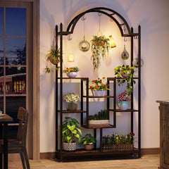Tribesigns 5-Tier Tall Indoor Plant Stand, 74.8'' Arched Metal Flower Shelf with Hanging Hooks, Large Bonsai Pots Display Rack