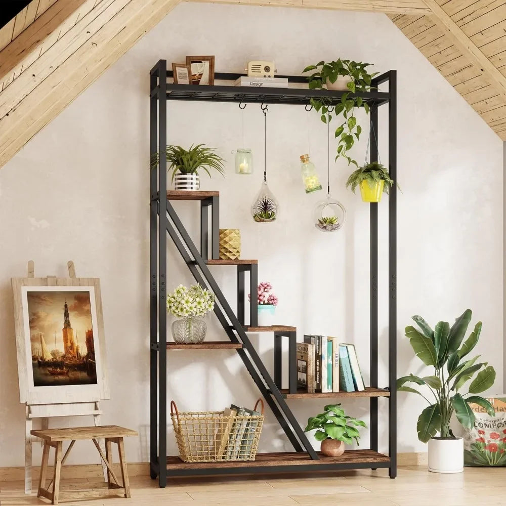 70.9" Tall Indoor Plant Stand, 7-Tier Large Plant Shelf with 5 S-Hooks, Industrial Wood Flower Stand Display Rack For