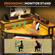 JHK Corner Desk Office Computer Desk for Small Space with LED Lights Gaming Table with Storage Shelves Power Outlets For Home