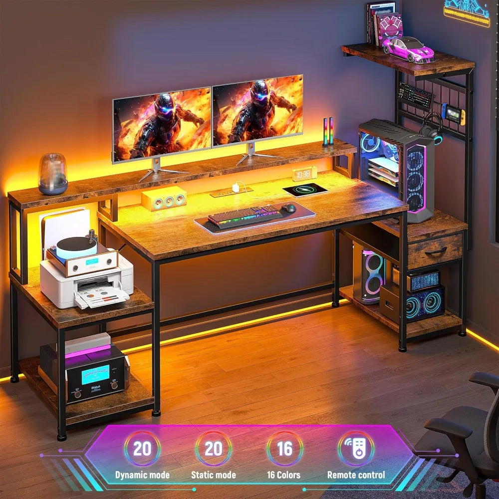 55" Gaming Desk with LED Lights & Outlets,Computer Desk with Drawers & Monitor Stand,Gaming Table with Storage Shelves