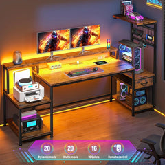 55" Gaming Desk with LED Lights & Outlets,Computer Desk with Drawers & Monitor Stand,Gaming Table with Storage Shelves