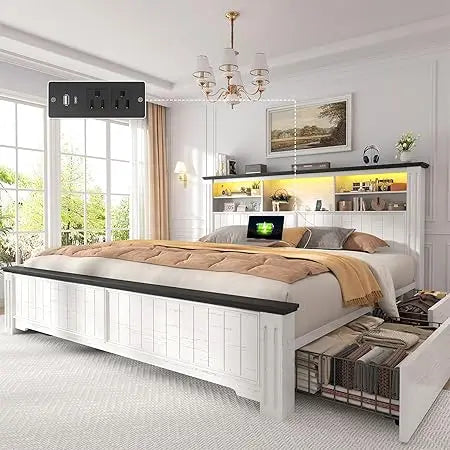 EnHomee King Size Bed Frame and Headboard, King Bed Frame with 4 Drawers USB & LED, Farmhouse Bed Built in Charging Station,No B