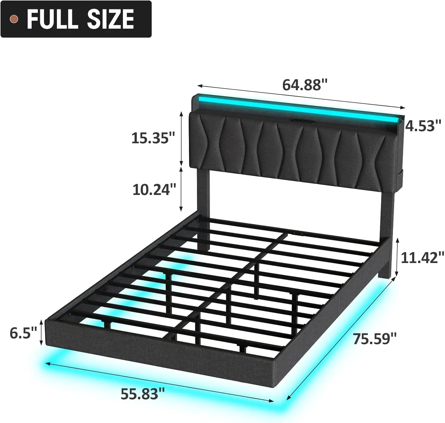Vabches Floating Queen Bed Frame With Storage Headboard&LED Light Bed Frame with Charging Station Upholstered Platform Bed Frame