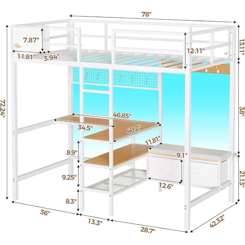 Twin Loft Metal Bed with L-Shaped Desk, Charging Station, LED Lights, and Storage Shelves