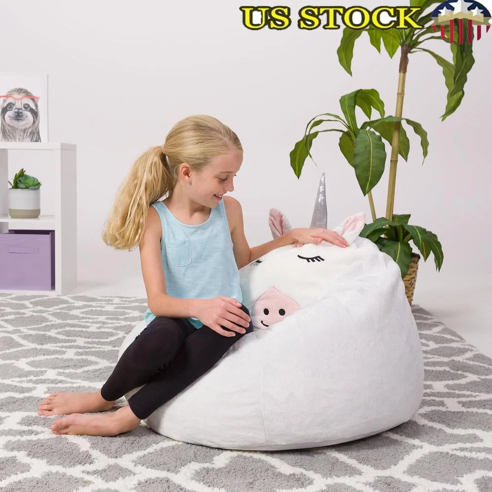 Cute Soft Furry Unicorn Bean Bag Chair Kids Plush Animal Furniture Comfortable Seating Removable Cover Safe Durable Kids Room