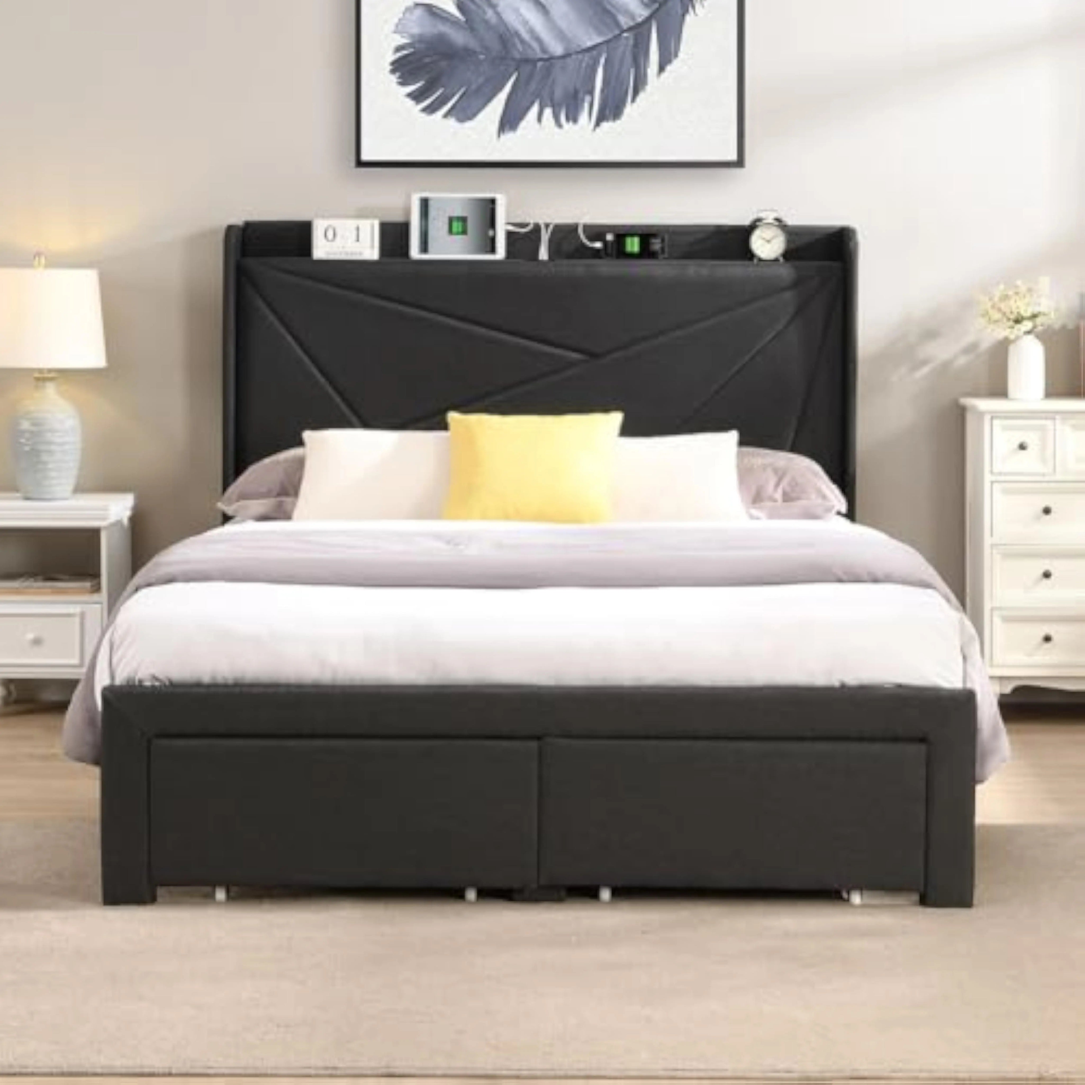 Charging Station&2 Storage Drawers, Upholstered Headboard Platform Bed, No Box Spring Needed, Beds Frame