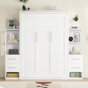 Full Murphy Bed with Storage Shelves, Drawers, LED Light, and Flexible Slats Support