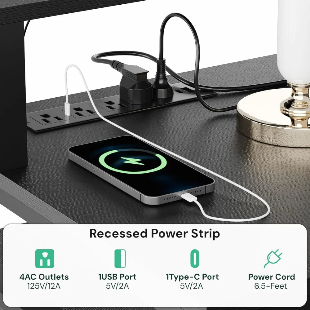 65.7" L Shaped Desk with Drawers, Corner Computer Gaming Desk with Power Outlet & LED Light, Office Desk with File Drawer