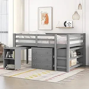 Playful Design Full Size Low Loft Bed with Slide and 3 Storage Drawers, Multiple Functions Wooden Loft Bed Frame with 2 Doors fo