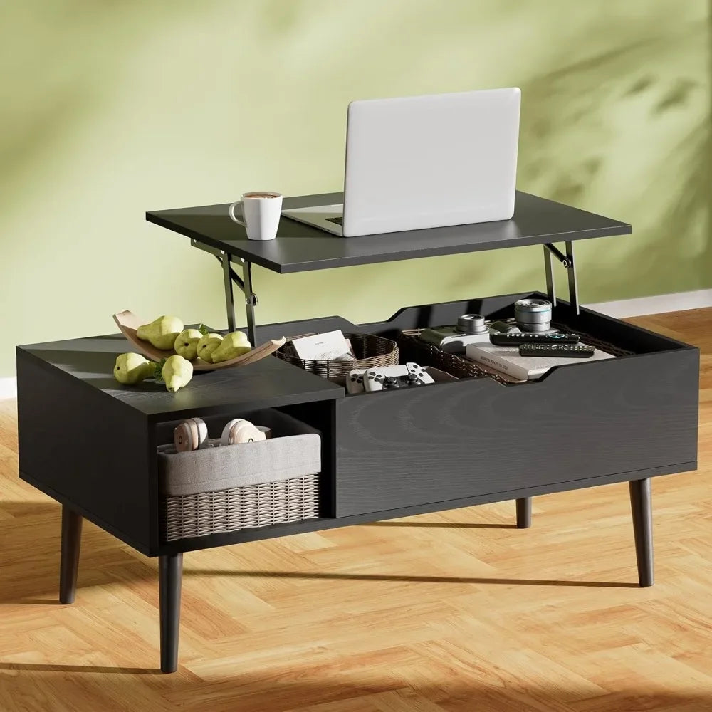 Wooden Coffee Table, Lift Top Coffee Table with Large Hidden Compartment and Shelf, Lift Tabletop Dining Table for Living Room