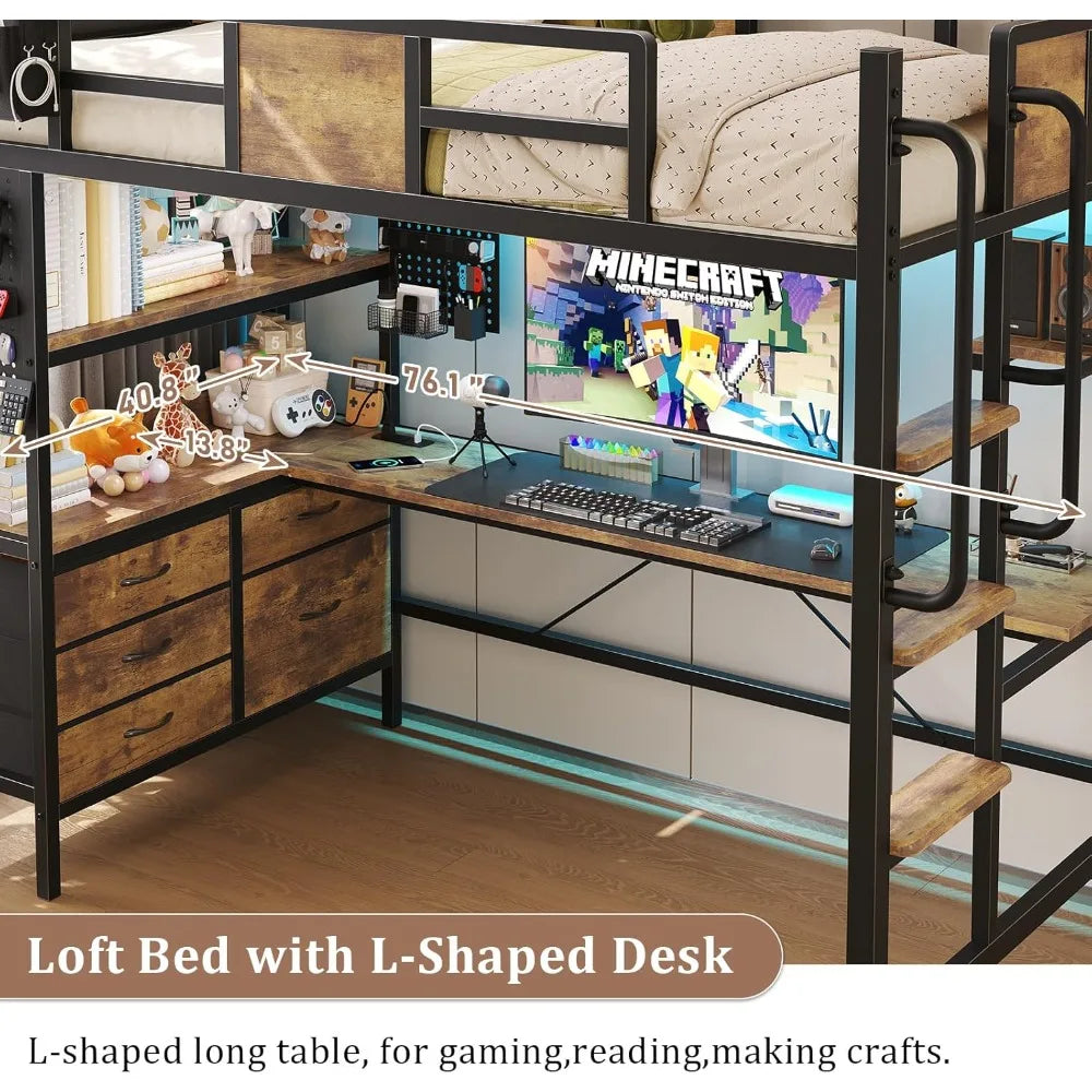 Bunk Bed with Desk Underneath, RGB LED Lights, Charging Station, and 5 Storage Drawer Cabinets