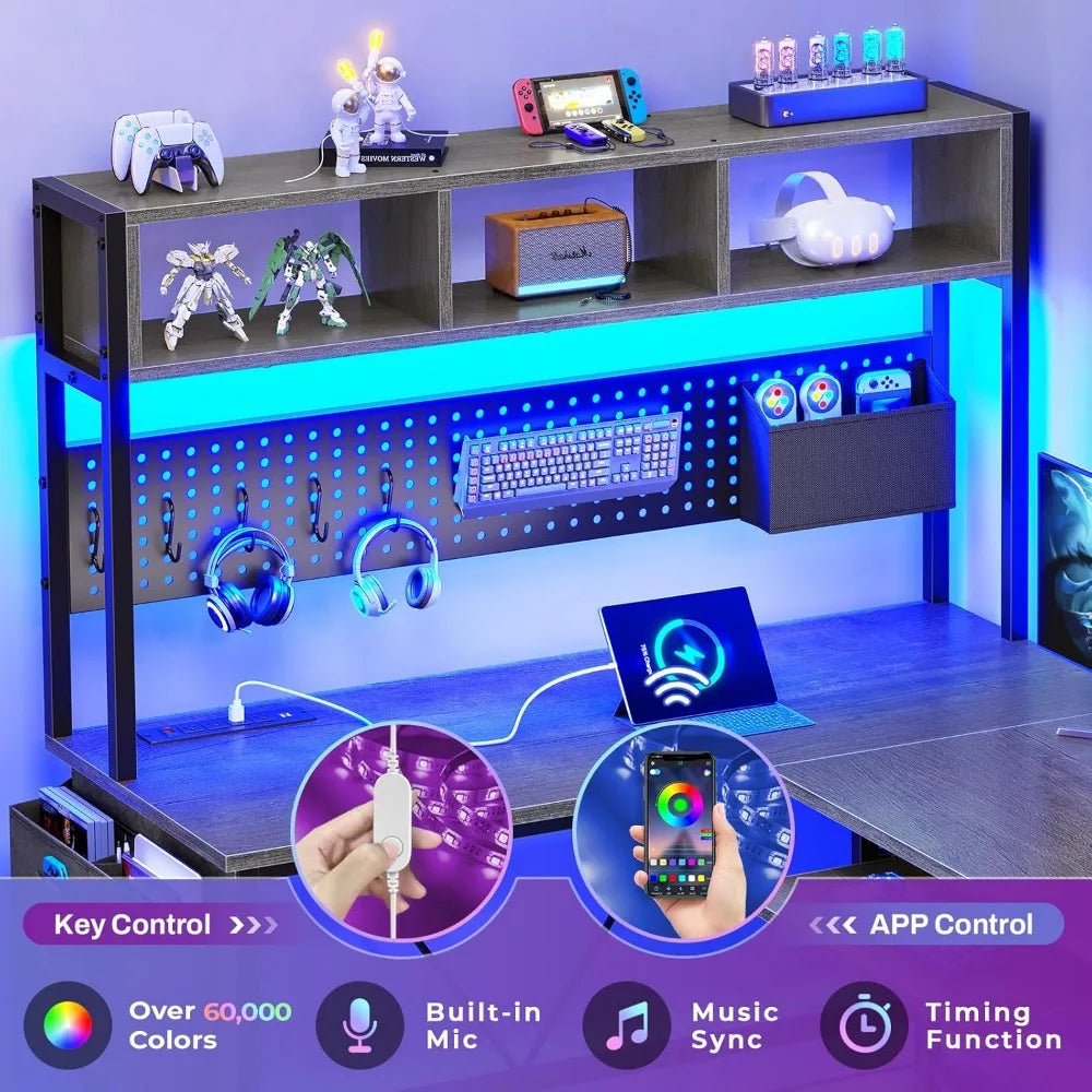 FurnishSpot L-Shaped Gaming Desk with Hutch, Charging Station & RGB LED Lights – Reversible Corner Computer Desk with Storage Shelves