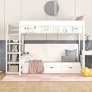 Full Over Full Bunk Bed with Twin Size Trundle and Stairs, and Storage Drawers