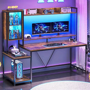 Gaming Desk, 60'' Gaming Desk with Hutch and LED Lights, Computer Desk with Storage Shelves, Large PC Gamer Desk with Display C