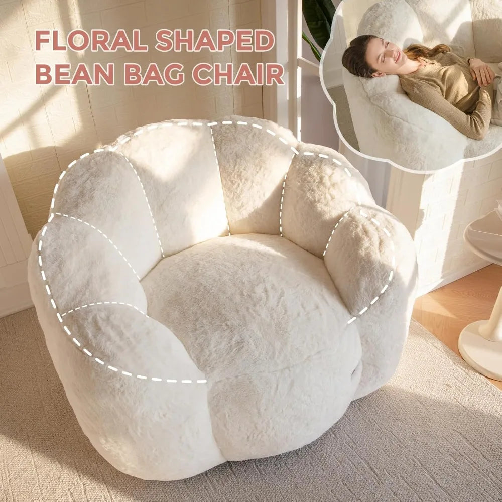 Bean Bag Chair for Adults, Floral Shaped Bean Bag Sofa, Ultra Soft Faux Fur Floor Sofa, Large Reading Chair for Living Room