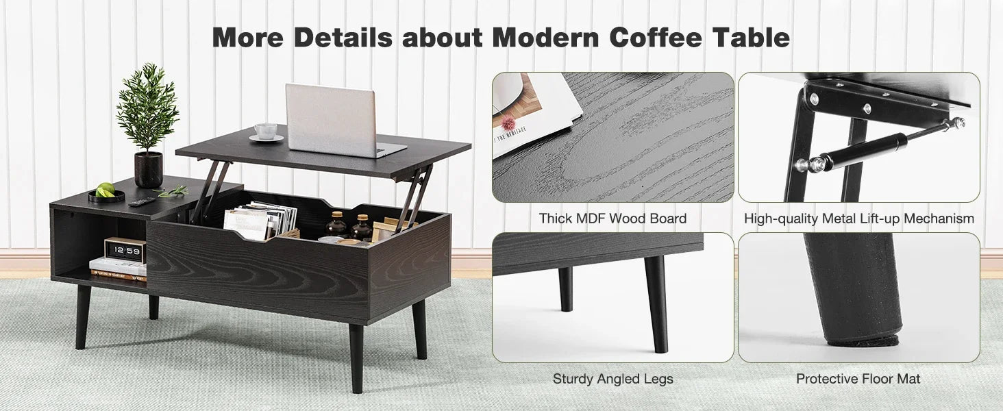 Wooden Coffee Table, Lift Top Coffee Table with Large Hidden Compartment and Shelf, Lift Tabletop Dining Table for Living Room