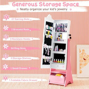 LED Lighted, Lockable Freestanding Kids Jewelry Armoire with Full-Length Mirror and Storage Drawers for Little Girls (White)