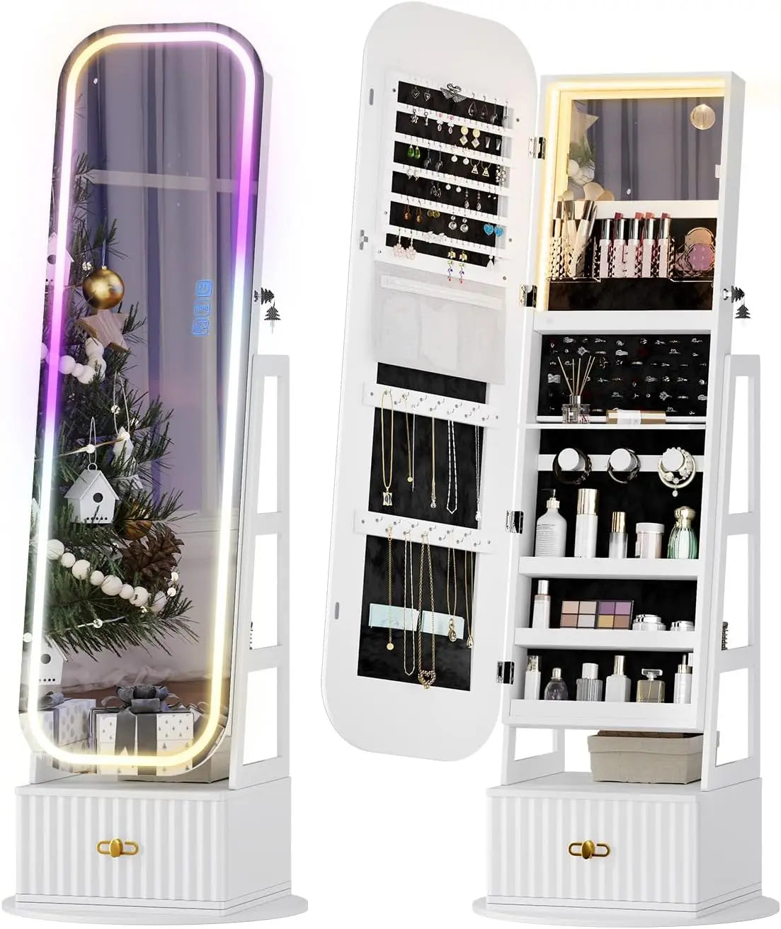 Rotatable Full-Length Mirror Jewelry Cabinet with RGB Lights & 360° Swivel – White