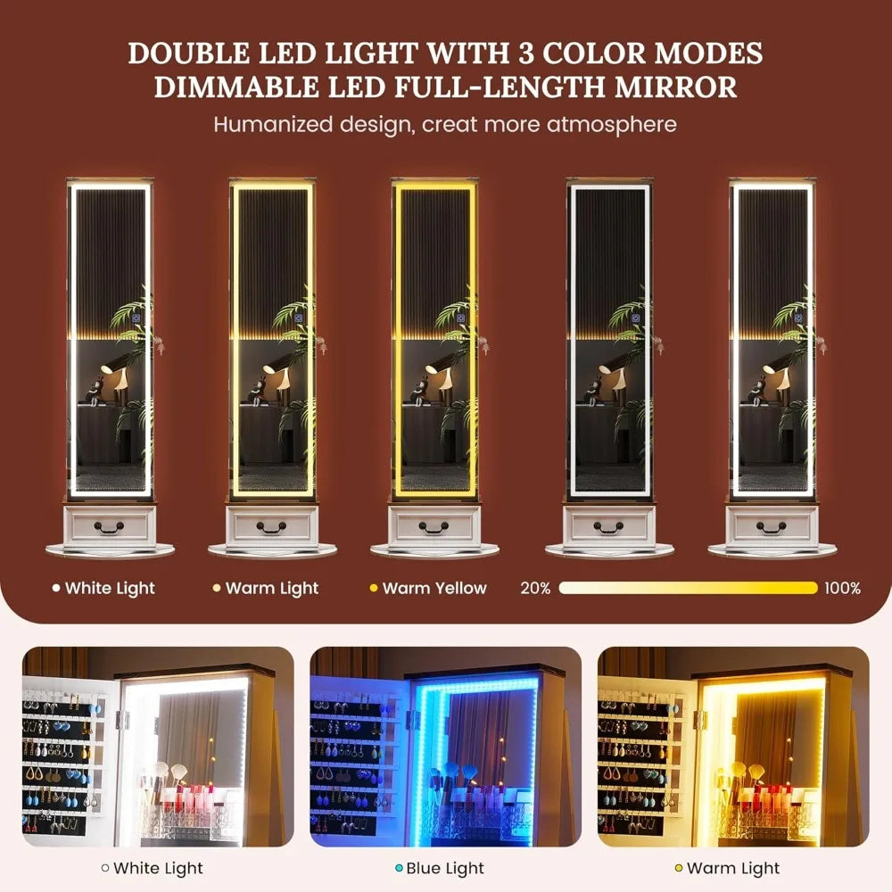 Standing LED Jewelry Armoire with Full-Length Mirror & 360° Swivel Storage Cabinet