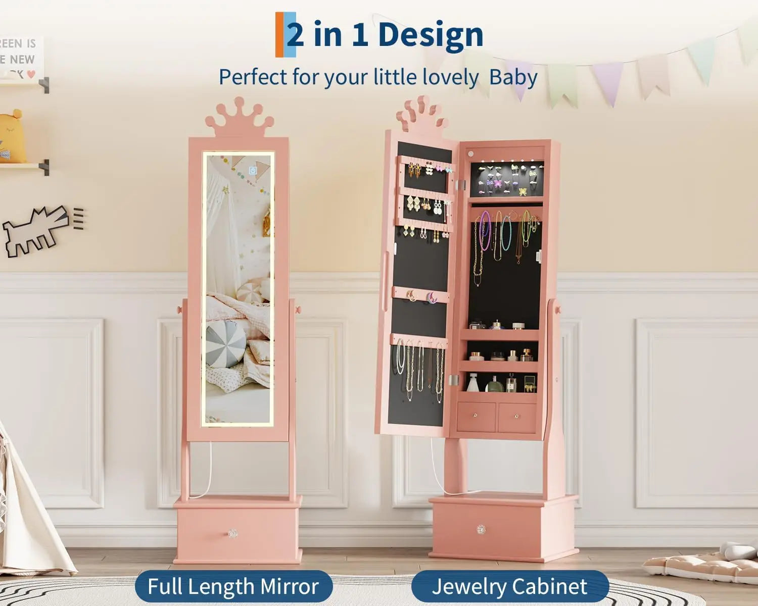 Freestanding Kids Jewelry Armoire with Full-Length Mirror, LED Light & 3 Storage Drawers