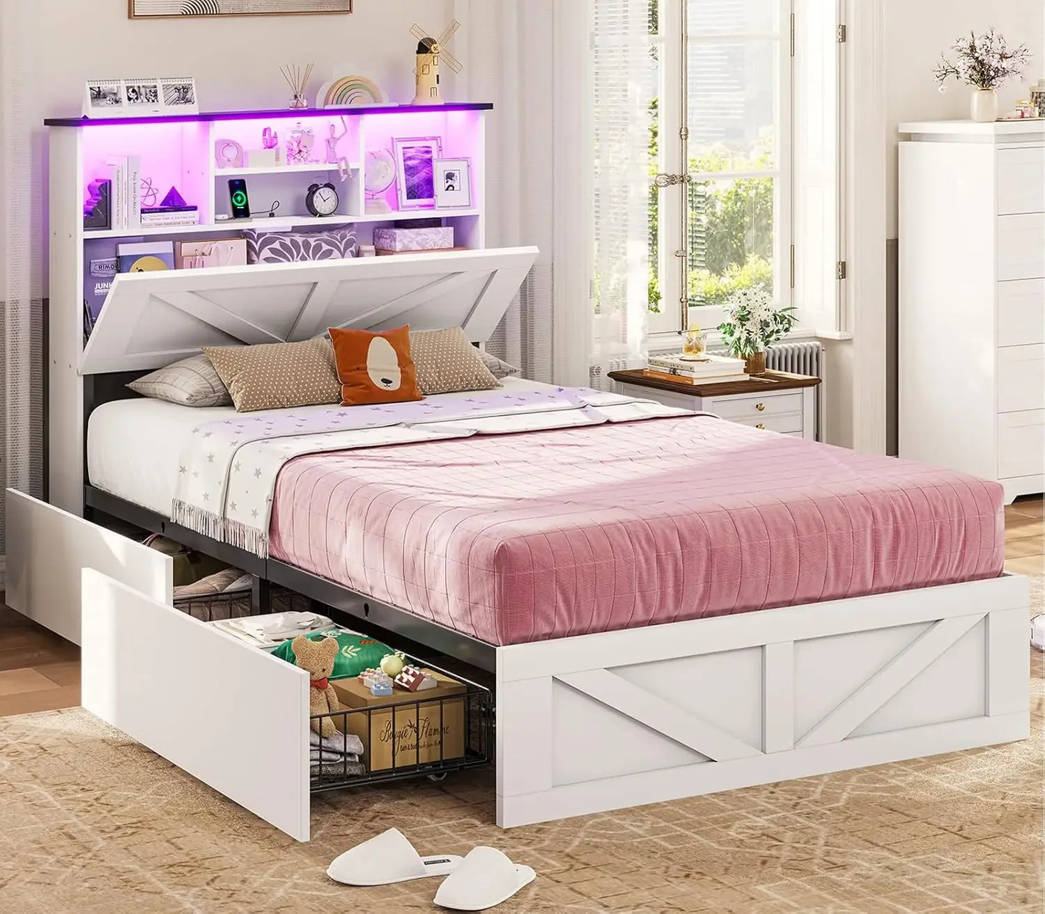 Twin Size Bed Frame with Bookcase Storage Headboard Charging Station & LED Lights Wooden Bed Frames Featuring 4 Drawers