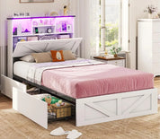 Twin Size Bed Frame with Bookcase Storage Headboard Charging Station & LED Lights Wooden Bed Frames Featuring 4 Drawers