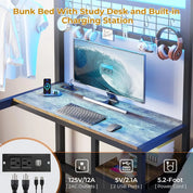 Bunk Bed Twin Over Twin Size with Desk and Charging Station L-Shaped Metal Bunk Bed with Led Lights & Storage Shelves and Drawe