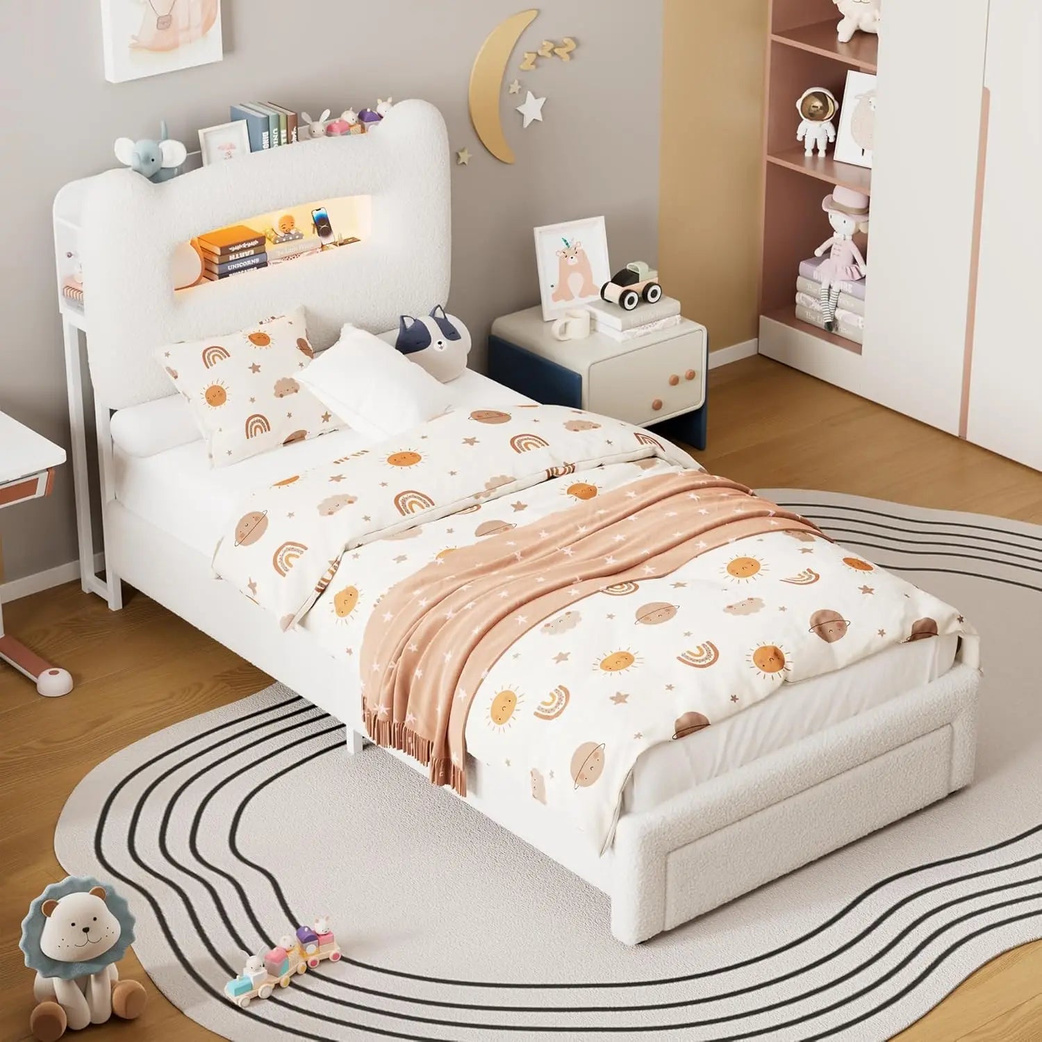 FurnishSpot™ Upholstered Full Bed Frame with LED Storage Headboard & Charging Station