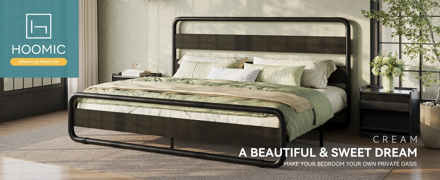 Metal Bed Frame with Curved Wooden Headboard & Footboard