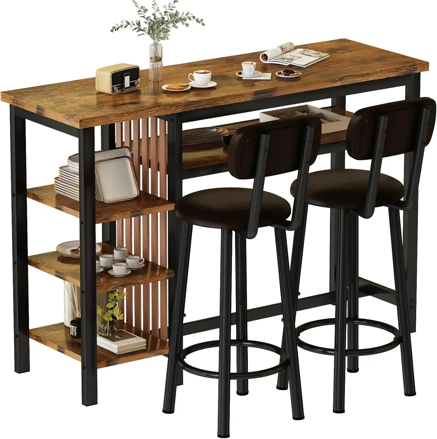 FurnishSpot® Rustic Brown Bar Table Set with Storage Shelves & PU Backrest Stools – 3-Piece Pub Dining Set