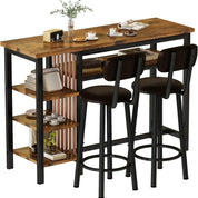 FurnishSpot® Rustic Brown Bar Table Set with Storage Shelves & PU Backrest Stools – 3-Piece Pub Dining Set