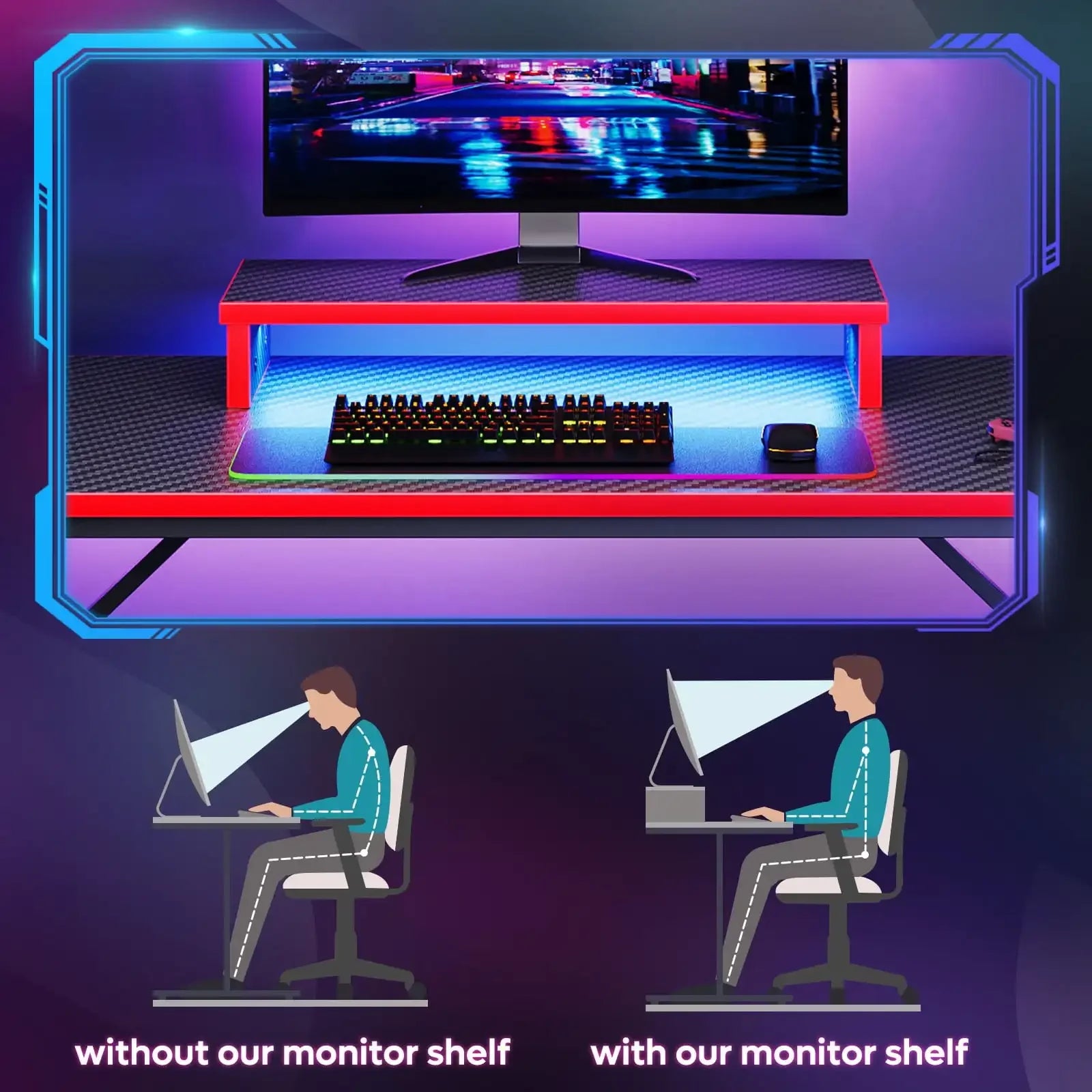 42" Gaming Desk with LED Lights & Monitor Stand