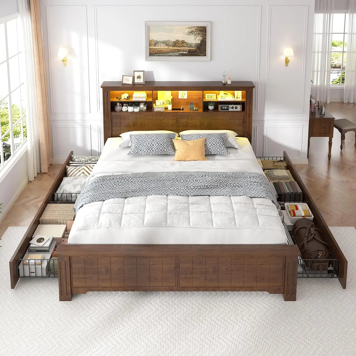 Queen Bed Frame with 4 Storage Drawers, LED lights, Headboard, and Charging Station