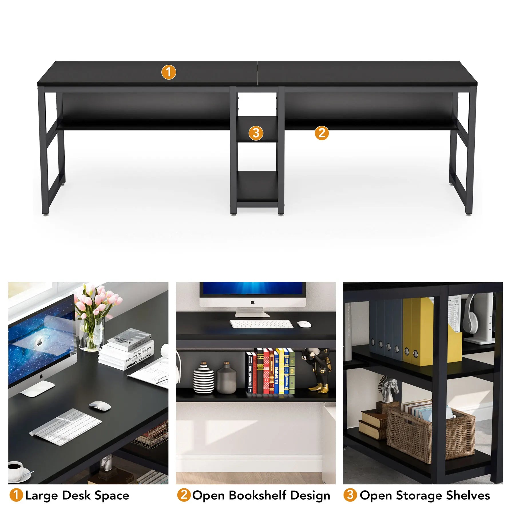 Tribesigns Two Person Desk with Bookshelf, 78.7 Computer Office Double Desk for Two Person, Rustic Writing Desk Workstation