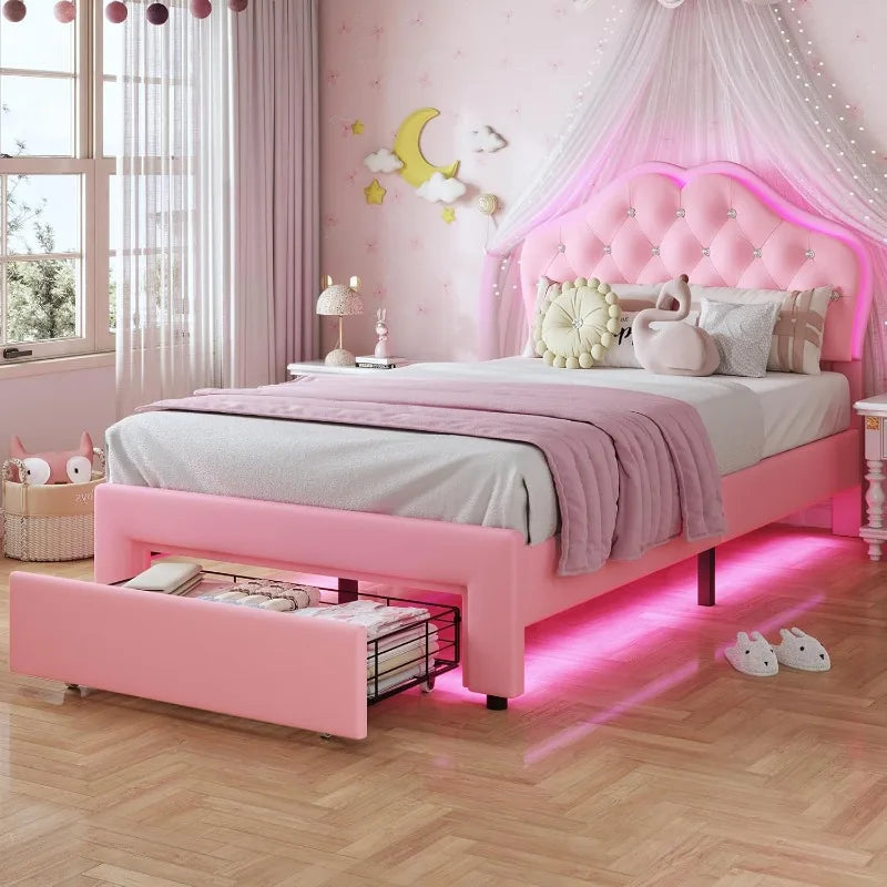 Twin Size Girl Bed with Storage Drawer,Upholstered Platform Bed,Adjustable Headboard with Velvet Crystal Button Princess BedPink