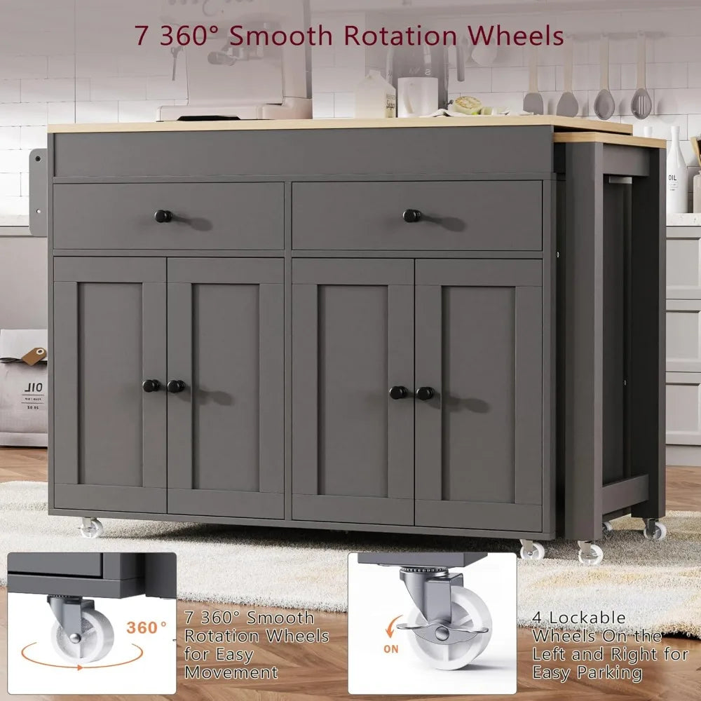 74.5" Kitchen Island with Extendable Dining Table,Rolling Kitchen Island on Wheels, Storage Cart with 4 Door Cabinet, Spice Rac
