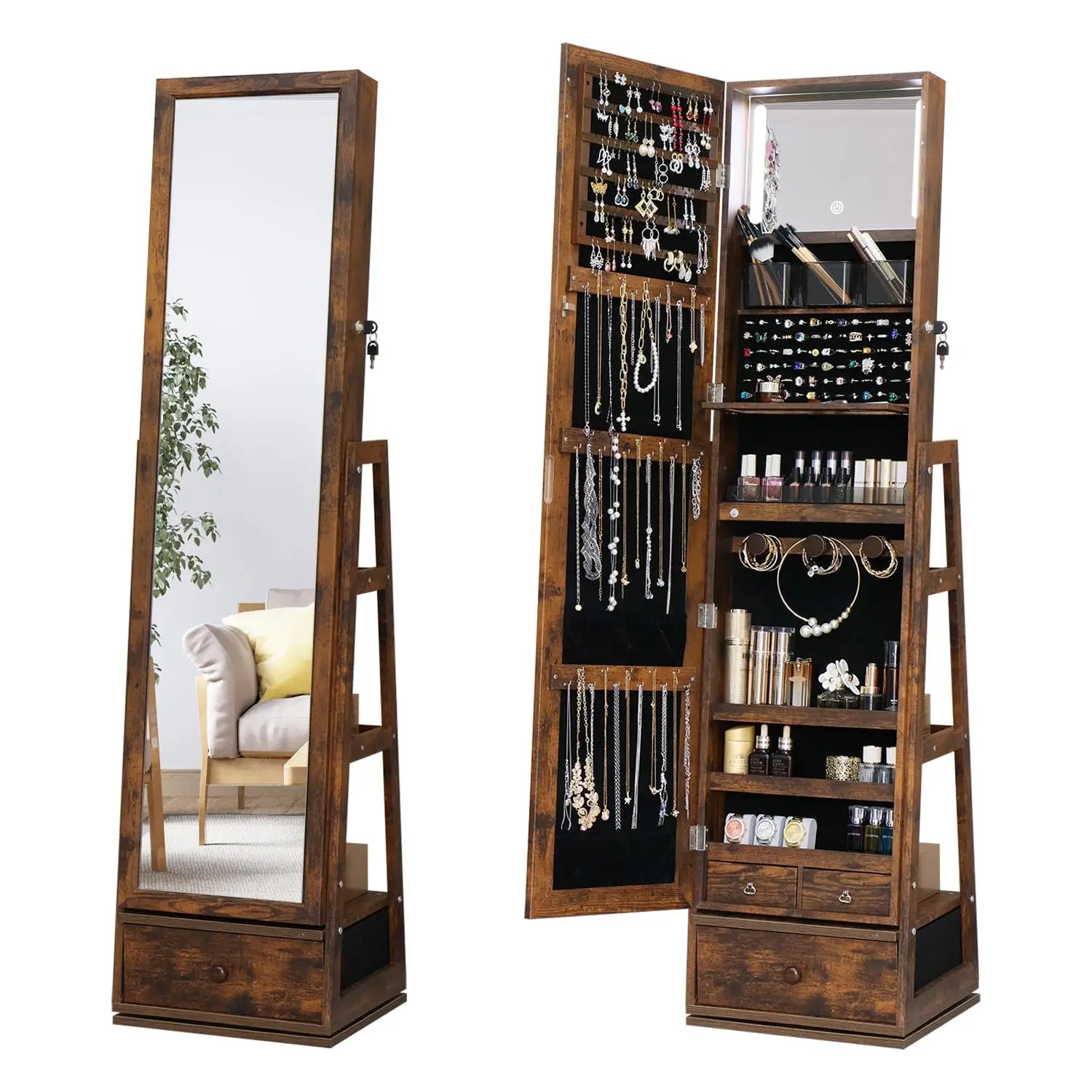 63.7" Lockable Rotating Jewelry Armoire with Full Length Mirror | Standing Storage Cabinet