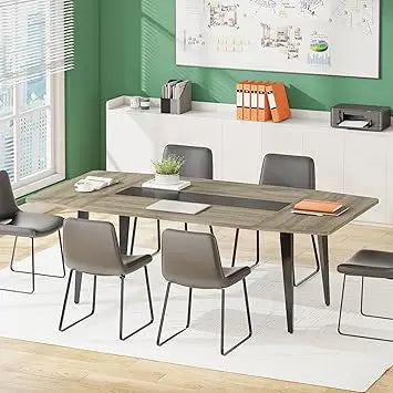 8FT Conference Table, 94.48L x 47.24W x 29.52H Inches Boat Shaped Meeting Table with Rectangle Grommet, Modern Seminar Boardroo