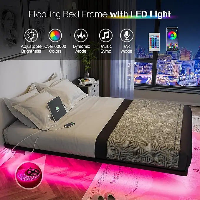 Floating Bed Frame Full Size w/Smart LED Lights & Charging Station -  Metal Platform Bed, Easy Assembly No Box Spring Needed